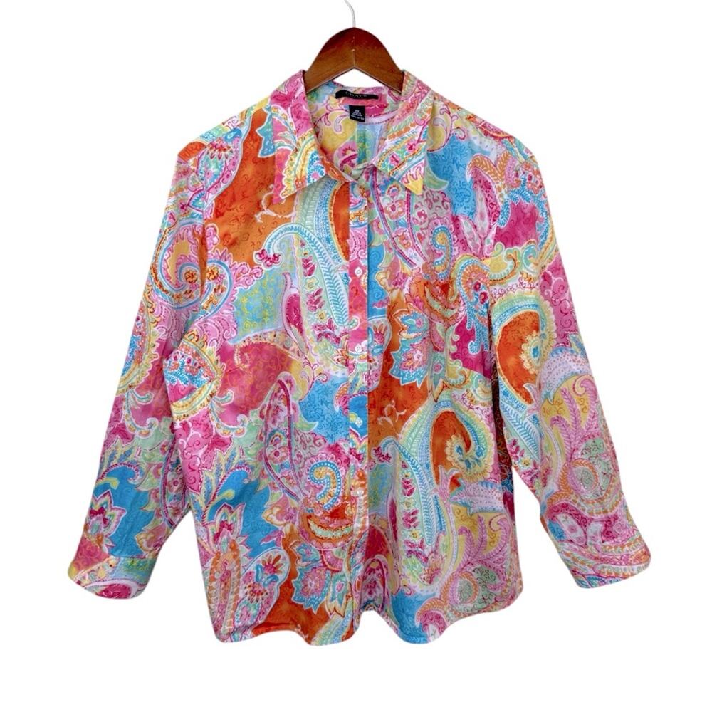 CHAPS  Women's Sz 2X Paisley Print Multicolored Button Down Cotton Spring Shirt